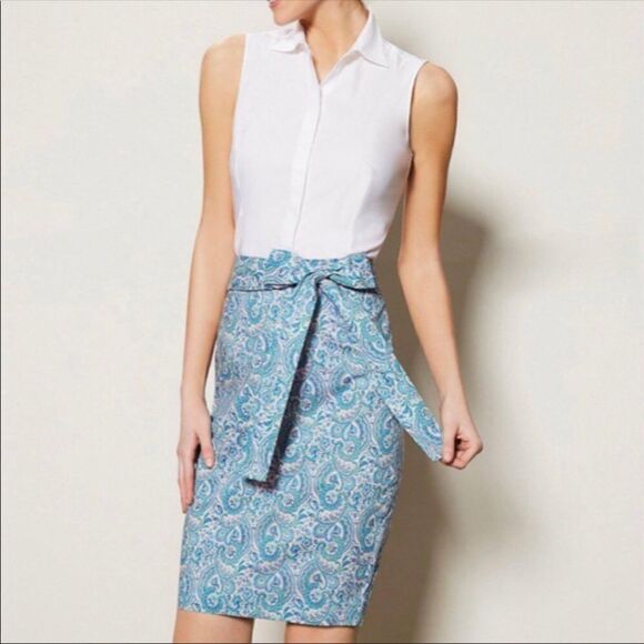 ANTONIO MELANI Dresses & Skirts - ANTONIO MELANI Blue Paisley Pencil Skirt Belted Tie‎ Waist Liberty London Size 2